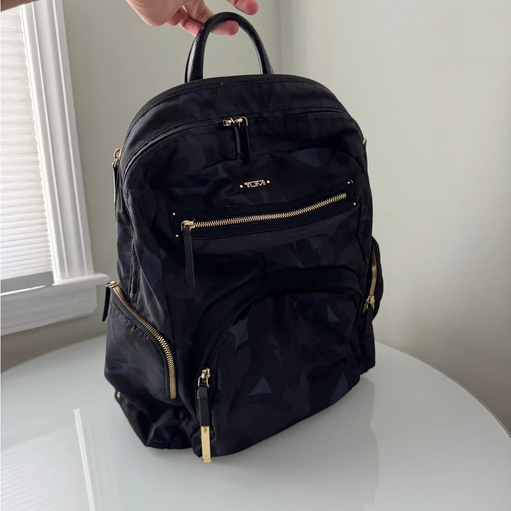 TUMI Backpack Black Camo Nylon Gold Hardware Blue Purple Accents GUC